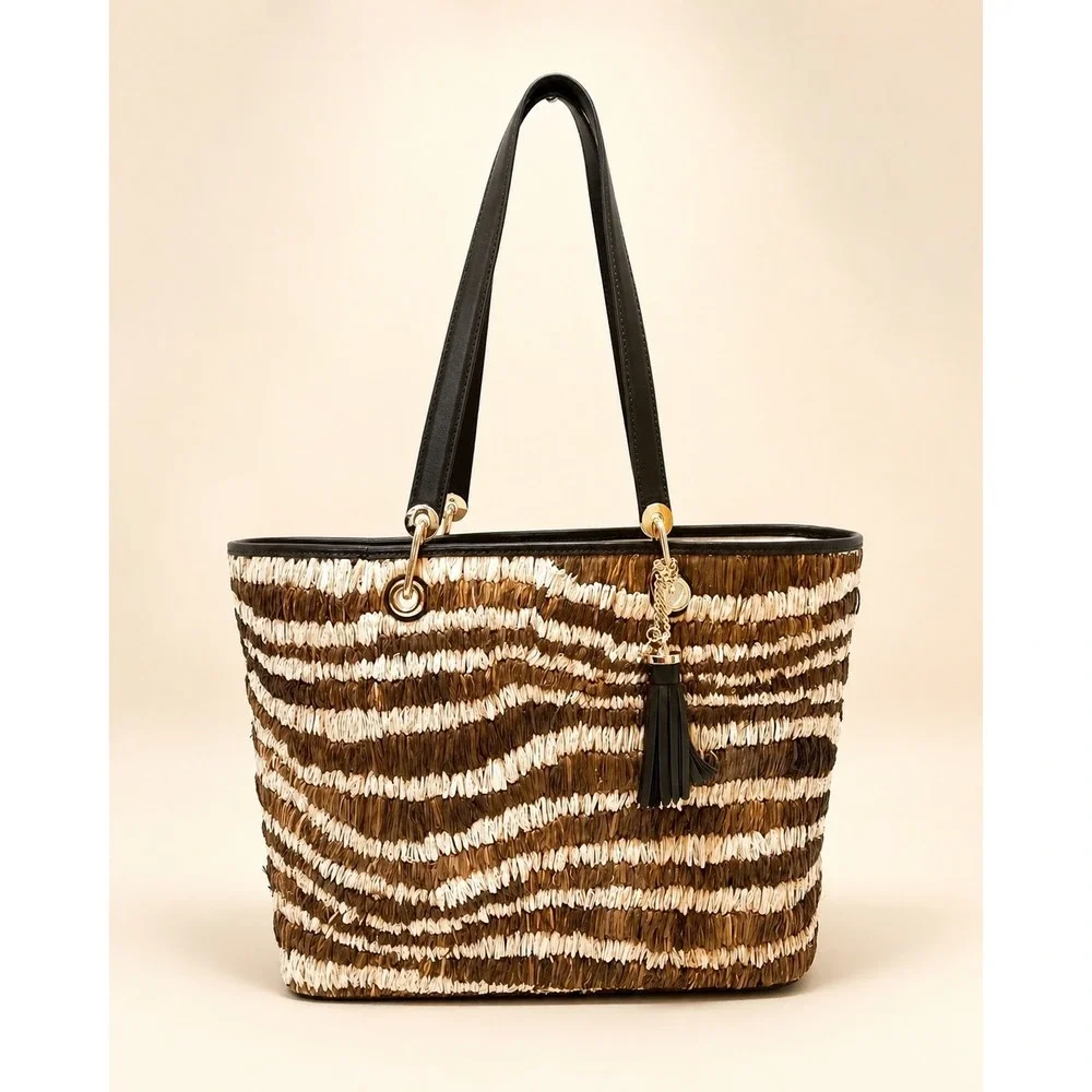 Michael Kors Malibu Large Raffia Zebra Stripe Tote Brown Black Leather NWOT